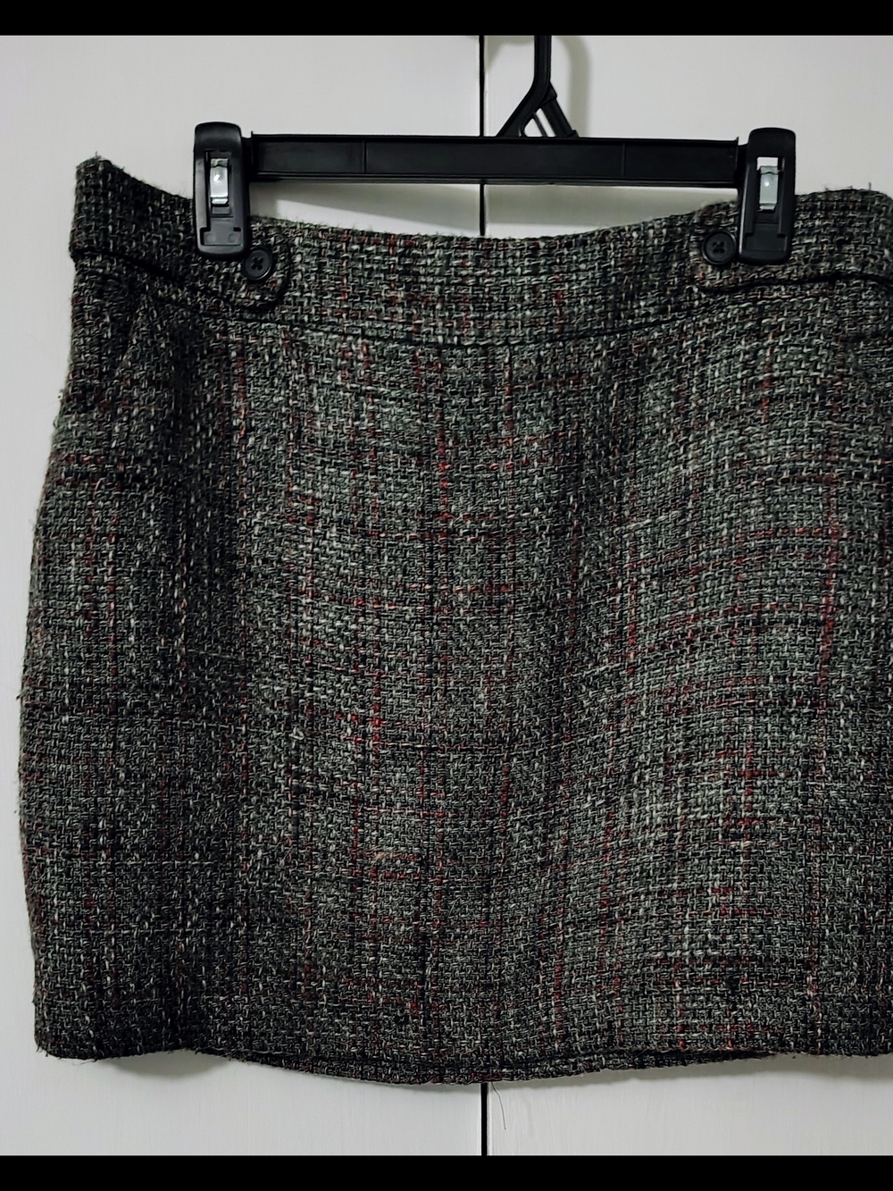 LOFT Charcoal Tweed Mini Skirt with Subtle Red Check